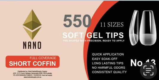 NANO Soft Gel Tips - Short Coffin (Full Coverage) 550 Pcs