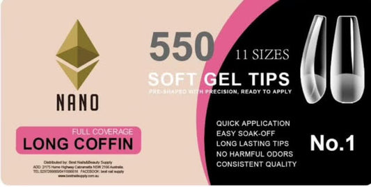 NANO Soft Gel Tips - Long Coffin (Full Coverage) 550 Pcs